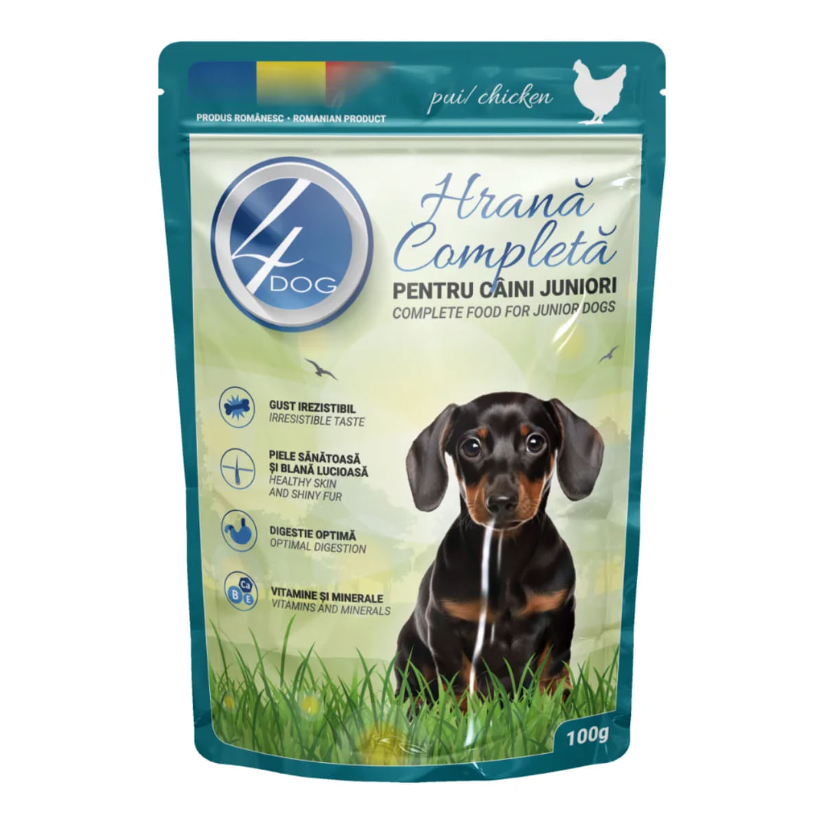 4DOG Junior, XS-XL, Pui, plic hrană umedă câini junior, (în sos), 100g - poza 1