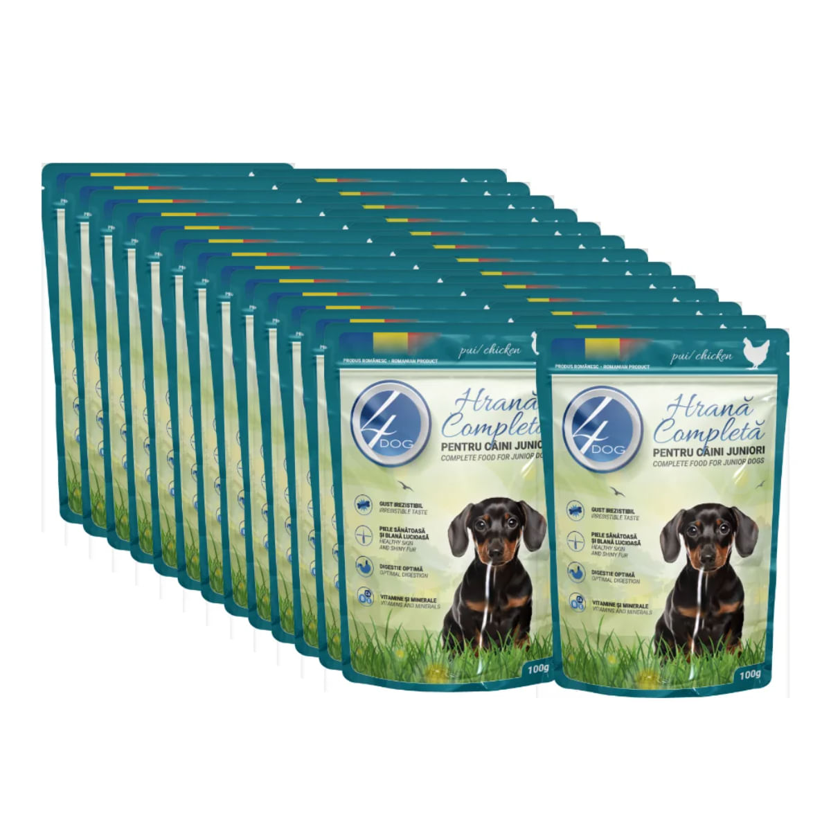 4DOG Junior, XS-XL, Pui, plic hrană umedă câini junior, (în sos), bax, 100g x 24buc - poza 1