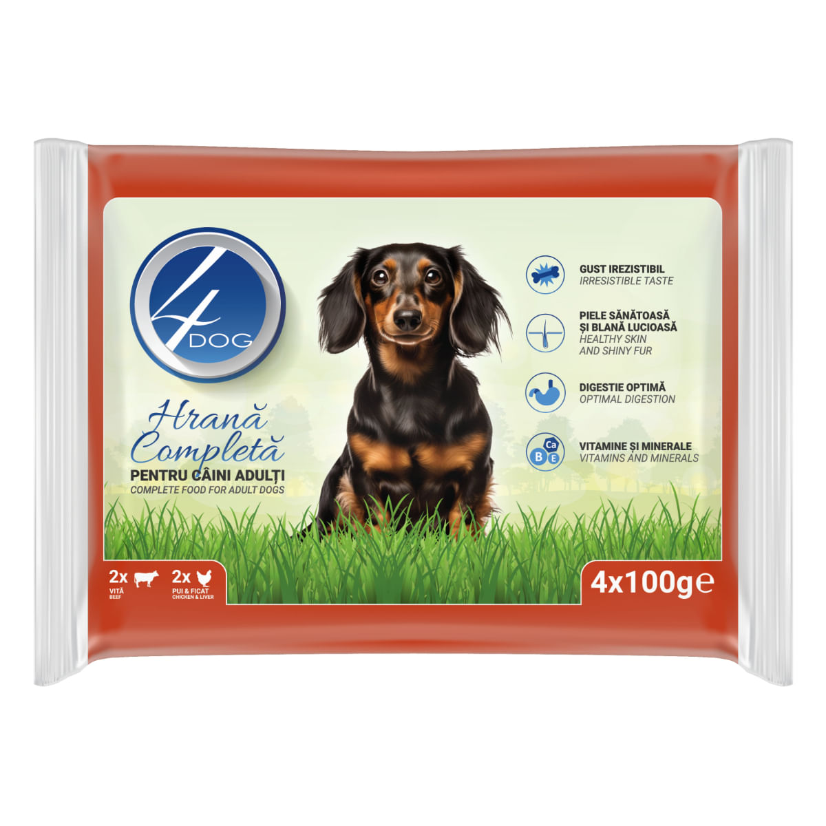 4DOG Mixt, XS-XL, Pui și Vită, plic hrană umedă câini, (în sos), multipack, 100g x 4buc - poza 2