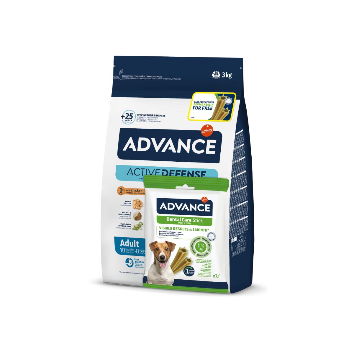ADVANCE Mini Adult, XS-S, Pui, hrană uscată câini, 3kg + ADVANCE Dental Care Stick Mini, XS-S, punguță recompense câini, sensibilități dentare, 90g GRATUIT - poza 1