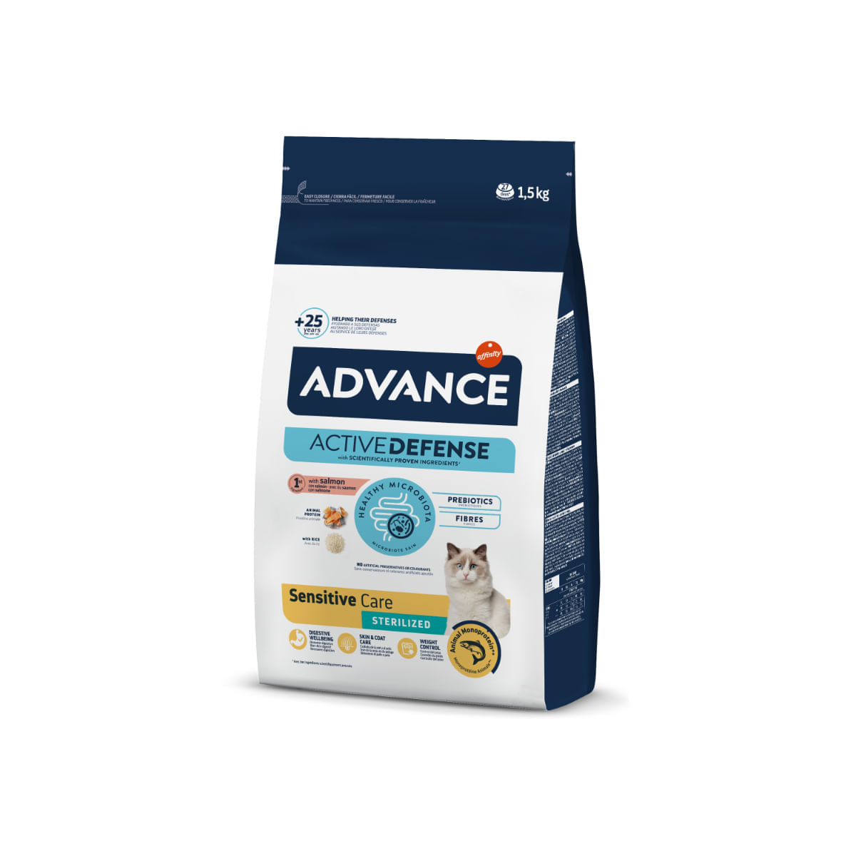 ADVANCE Sensitive Care Sterilised, Somon, hrană uscată pisici sterilizate, sistem digestiv, 1.5kg + ADVANCE Sterilised, Cod, plic hrană umedă, 85g x 2buc GRATUIT - poza 1