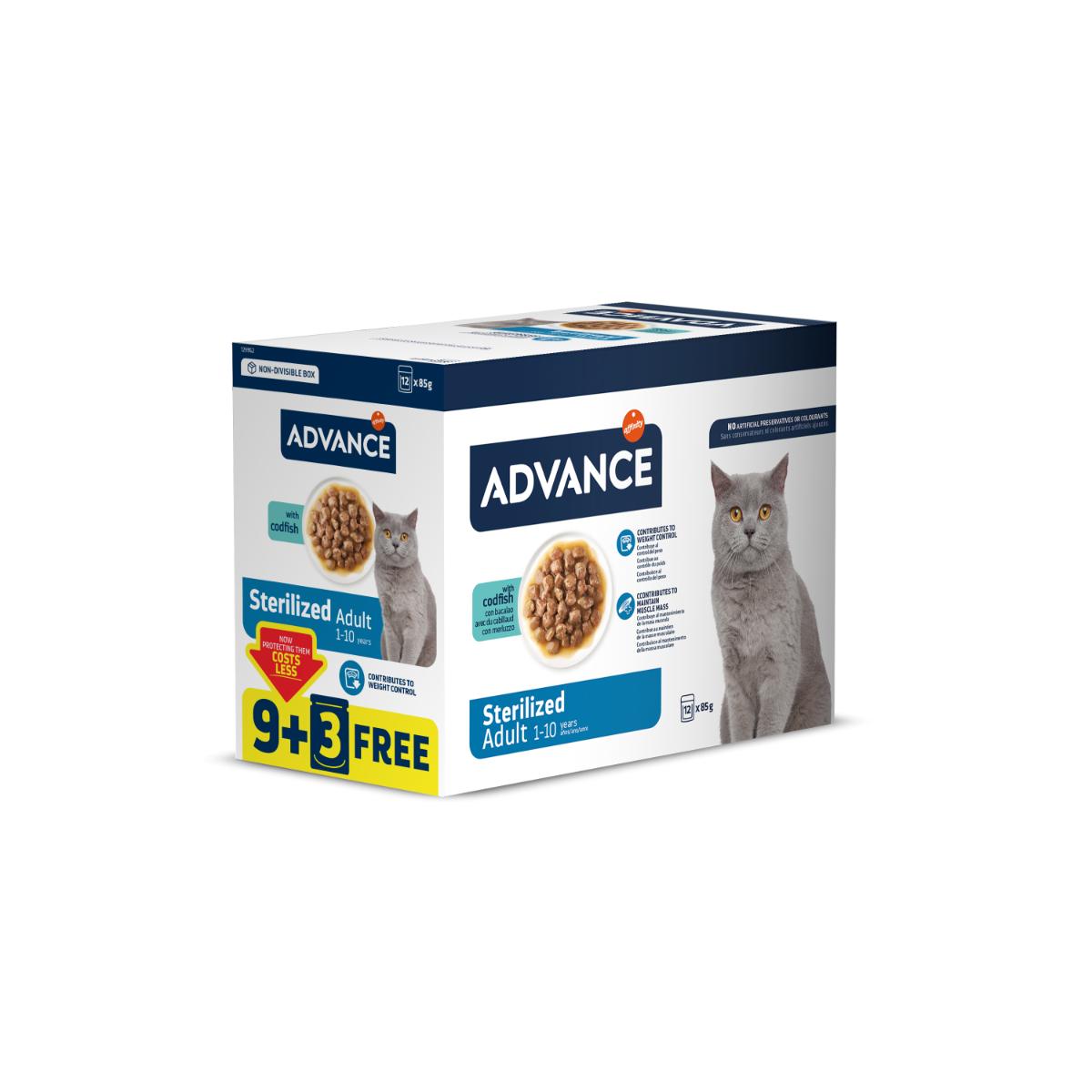 ADVANCE Sterilised, Cod, plic hrană umedă pisici sterilizate, (în sos), bax, 85g x 9 + 3buc GRATUIT - poza 1