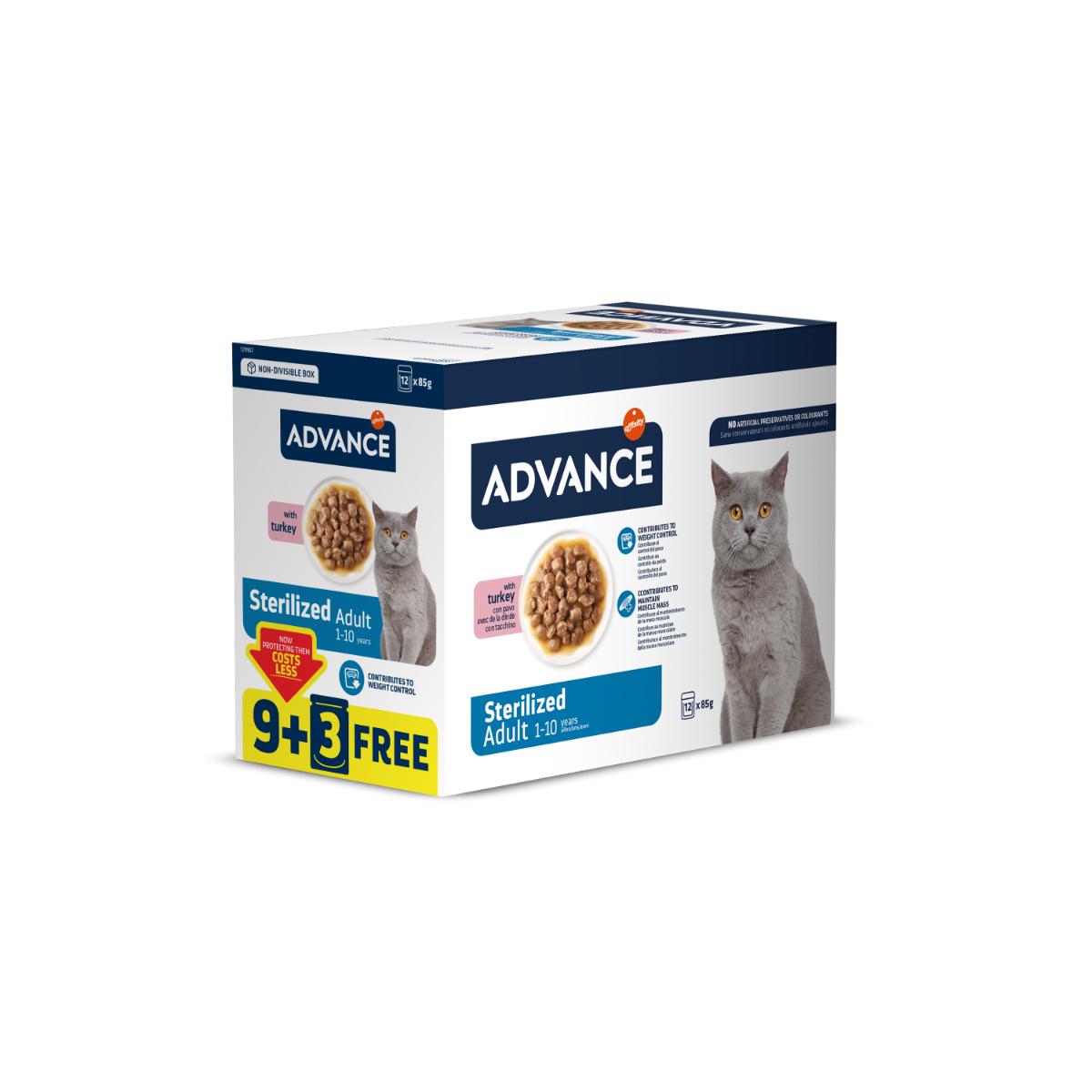 ADVANCE Sterilised, Curcan, plic hrană umedă pisici sterilizate, (în sos), bax, 85g x 9 + 3buc GRATUIT - poza 1