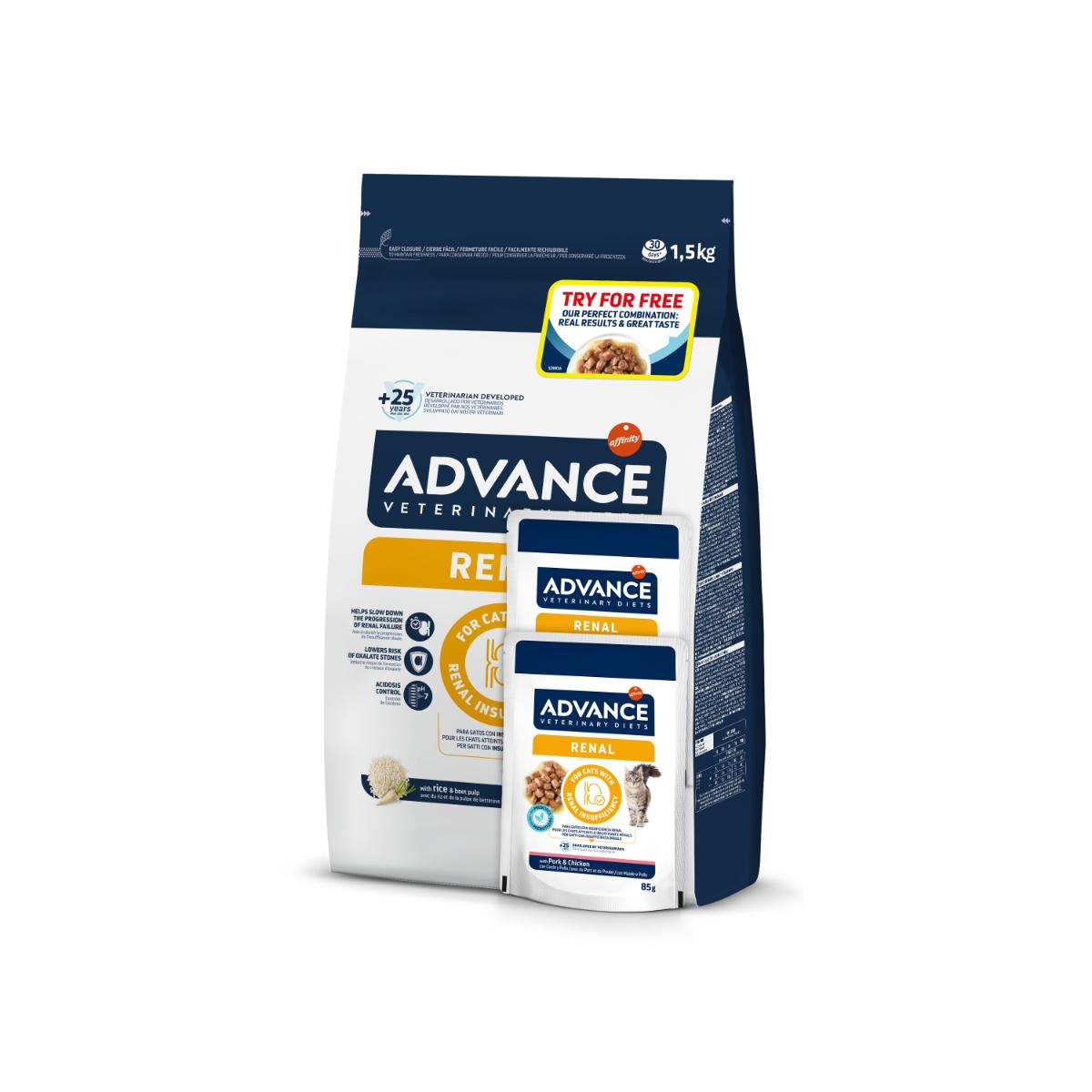 ADVANCE Veterinary Diets Cat Renal, dietă veterinară, hrană uscată pisici, afecțiuni renale cronice ADVANCE VD Renal, dietă veterinară pisici, hrană uscată, sistem renal, 1.5kg + ADVANCE VD Renal, dietă veterinară, plic, 85g x 2buc GRATUIT - poza 2