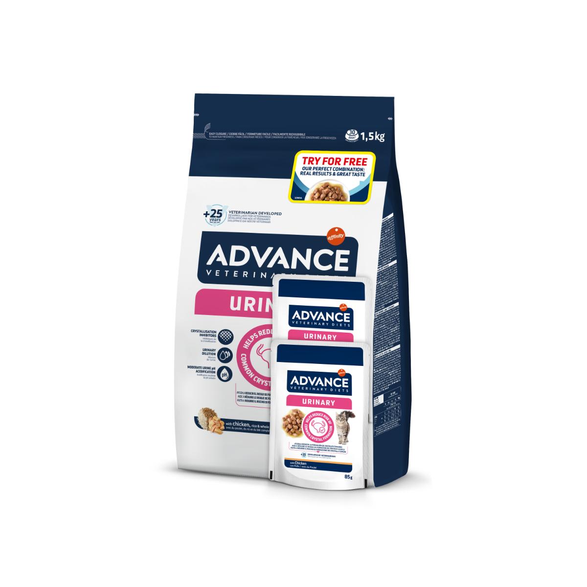 ADVANCE Veterinary Diets Cat Urinary, dietă veterinară, hrană uscată pisici, afecțiuni urinare ADVANCE VD Urinary, dietă veterinară pisici, sistem urinar, 1.5kg + ADVANCE VD Urinary, dietă veterinară pisici, plic, 85g x 2buc GRATUIT - poza 1