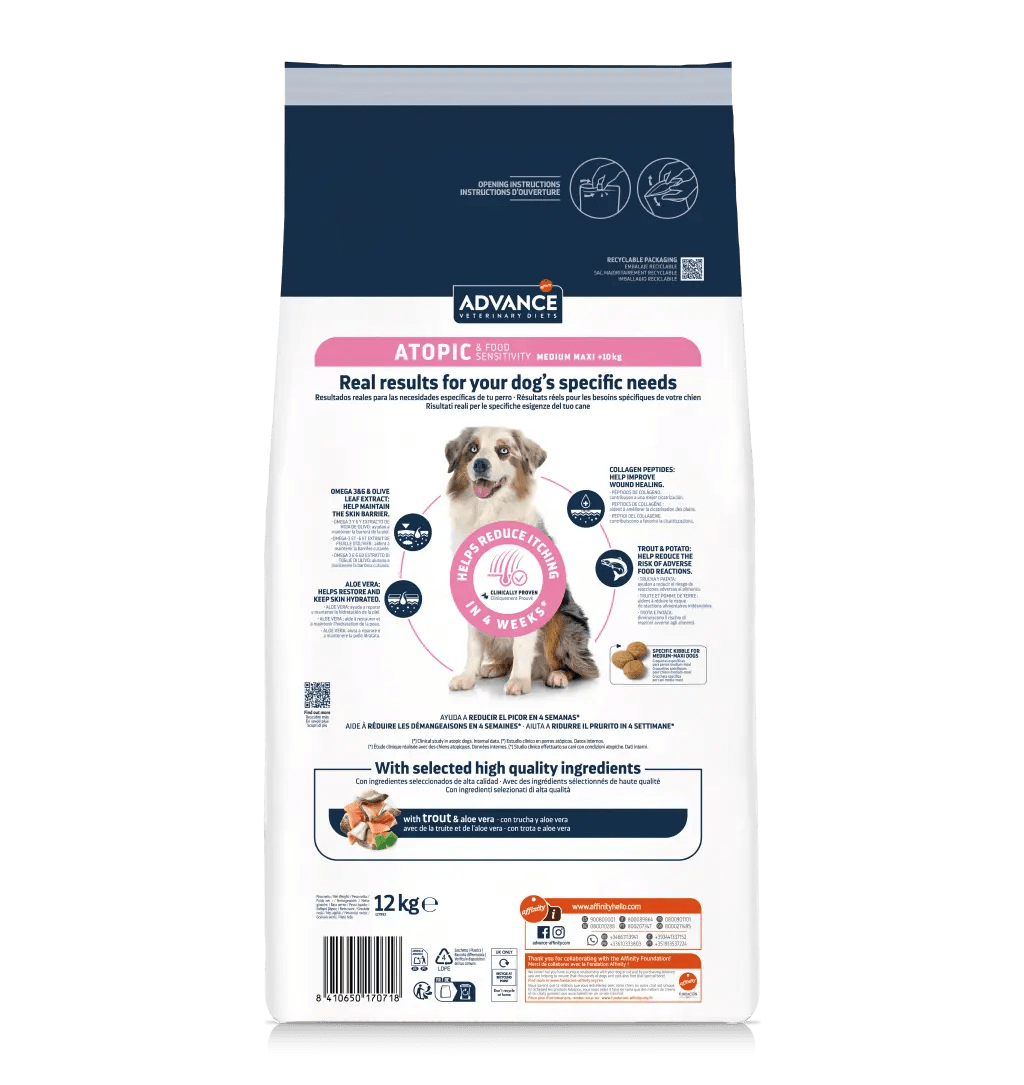 ADVANCE Veterinary Diets Dog Atopic Care, dietă veterinară, hrană uscată câini, afecțiuni dermatologice ADVANCE Veterinary Diets Atopic Medium/Maxi, M-L, dietă veterinară câini, hrană uscată, afecțiuni dermatologice, 12kg - poza 3