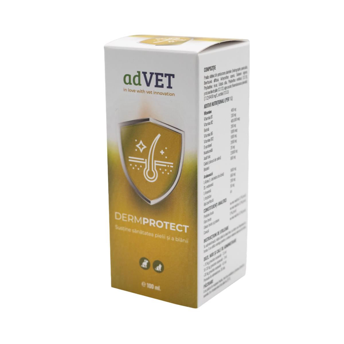 ADVET DermoProtect, supliment piele & blană, sistem imunitar câini, suspensie orală ADVET DermoProtect, XS-XL, supliment piele & blană, sistem imunitar câini și pisici, flacon cu aplicator, 100ml suspensie orală - poza 1