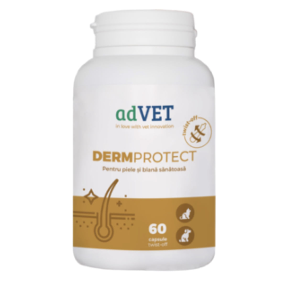 ADVET DermProtect Twist Off, supliment piele & blană câini, capsule ADVET DermProtect Twist Off, XS-XL, supliment piele & blană câini și pisici, flacon, 60 capsule - poza 1