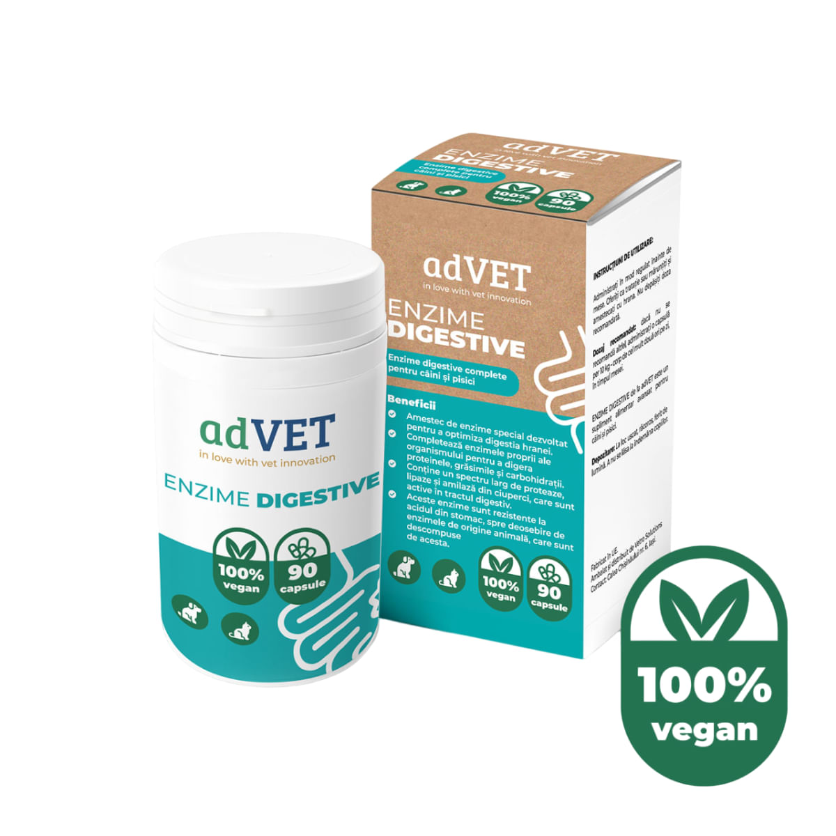 ADVET Enzime Digestive, supliment sistem digestiv câini, capsule ADVET Enzime Digestive, XS-XL, supliment sistem digestiv câini și pisici, flacon, 90 capsule - poza 2