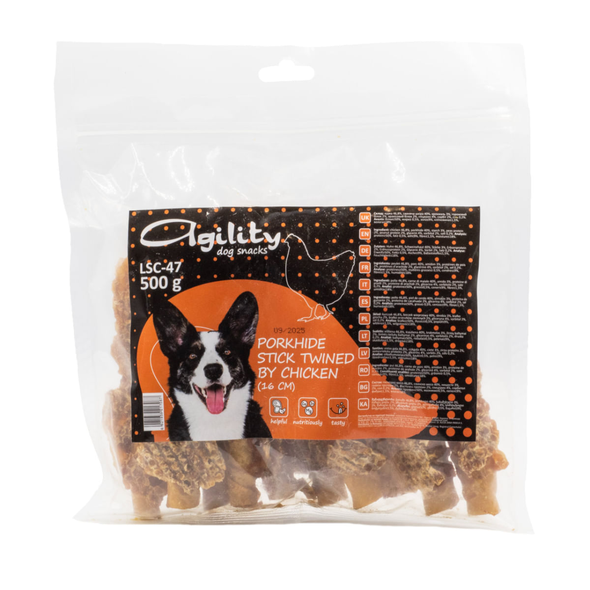 AGILITY Bețișoare de 16 cm din Piele Împletite, XS-XL, Porc și Pui, găletușa recompense câini, 500g - poza 1