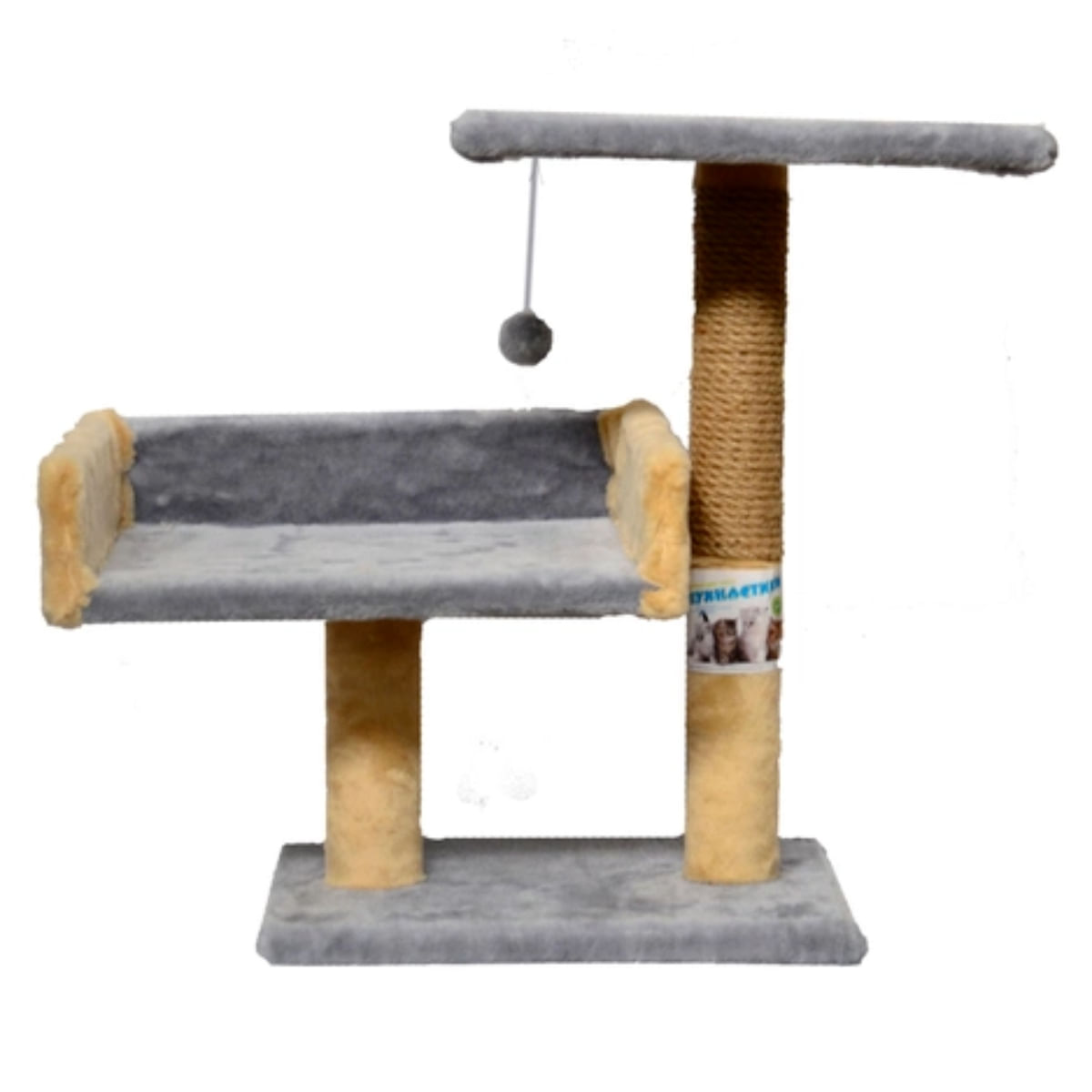 AGILITY Canapea, ansamblu de joacă pisici, 2 etaje, lemn și pluș, elemente de zgâriat, elemente atârnate, gri, 70cm - poza 2