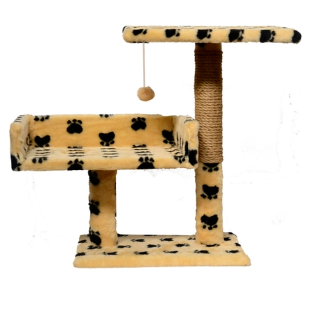 AGILITY Canapea, ansamblu de joacă pisici, 2 etaje, lemn și pluș, imprimeu lăbuțe, elemente de zgâriat, elemente atârnate, bej, 70cm - poza 1