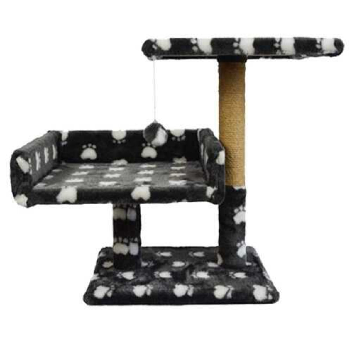 AGILITY Canapea, ansamblu de joacă pisici, 2 etaje, lemn și pluș, imprimeu lăbuțe, elemente de zgâriat, elemente atârnate, negru, 70cm - poza 2