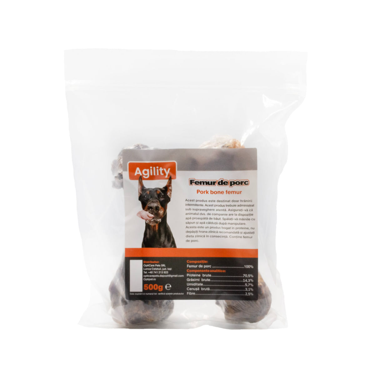 AGILITY Femur De Porc, XS-XL, punguță recompense naturale deshidratate câini, 500g - poza 2