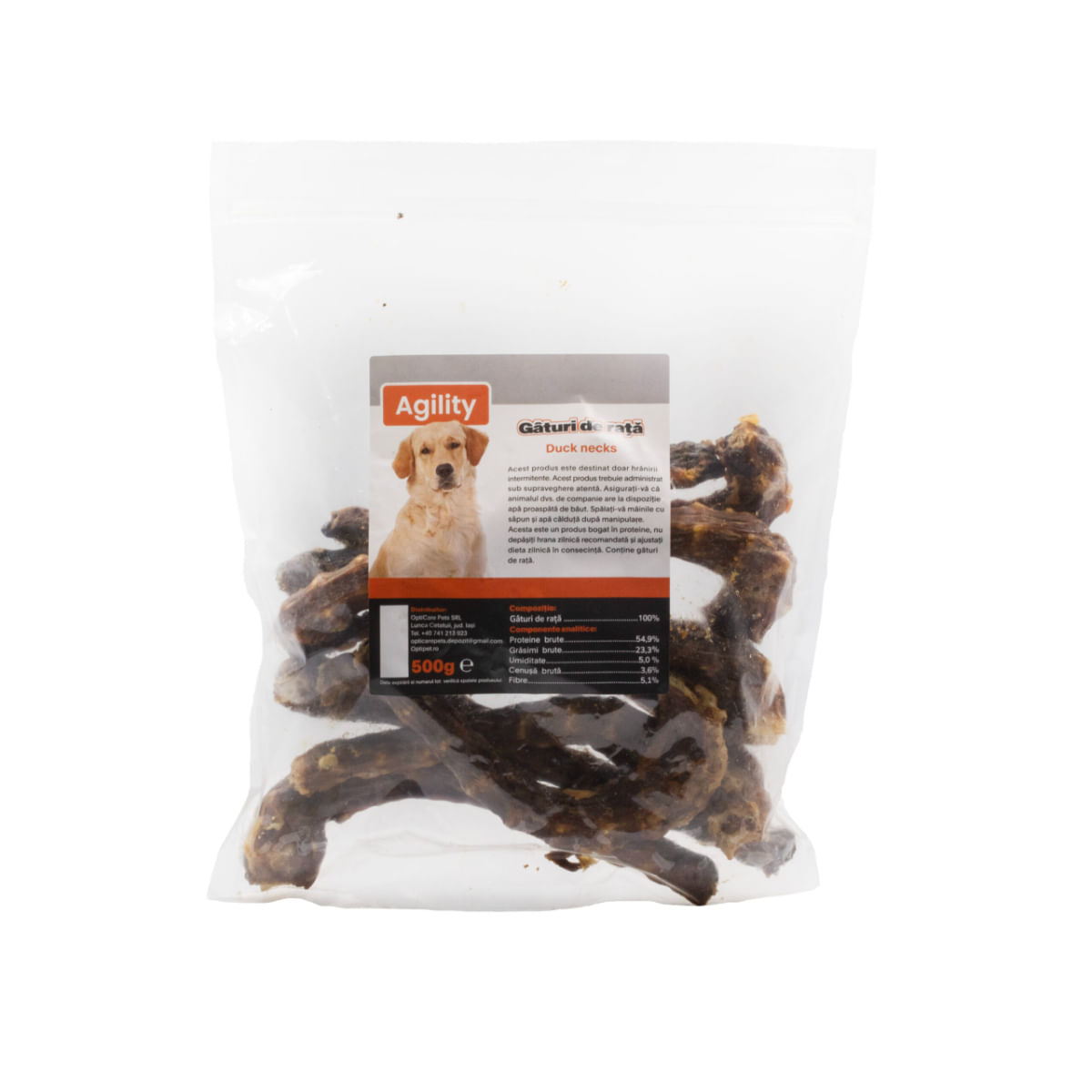 AGILITY Gâturi de Rață, XS-XL, punguță recompense naturale deshidratate câini, 500g - poza 1