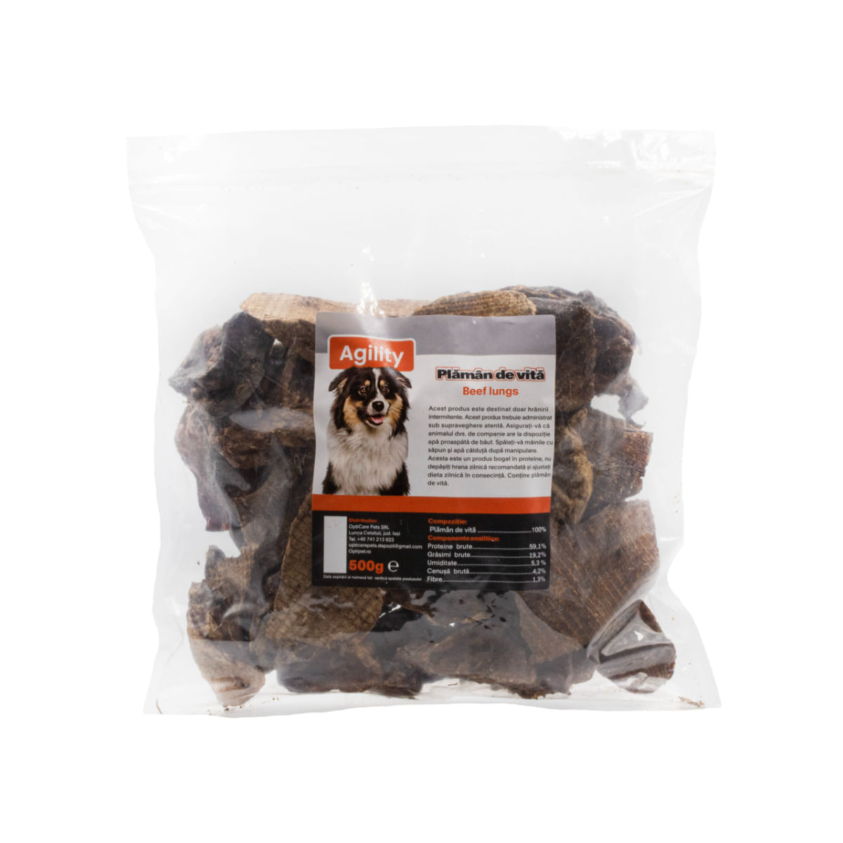 AGILITY Plămâni de Vită, XS-XL, punguță recompense naturale deshidratate câini, 500g - poza 1