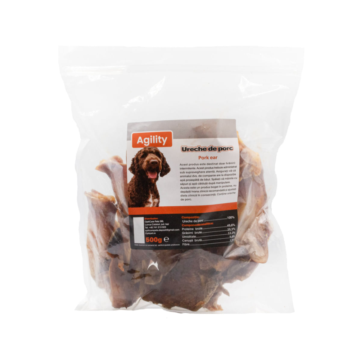 AGILITY Ureche de Porc, XS-XL, punguță recompense naturale deshidratate câini, 500g - poza 2