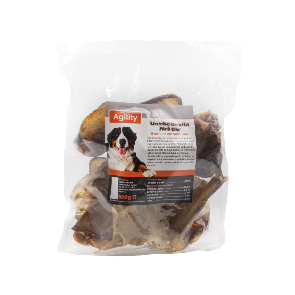 AGILITY Ureche de Vită, XS-XL, punguță recompense naturale deshidratate câini, 500g - poza 1
