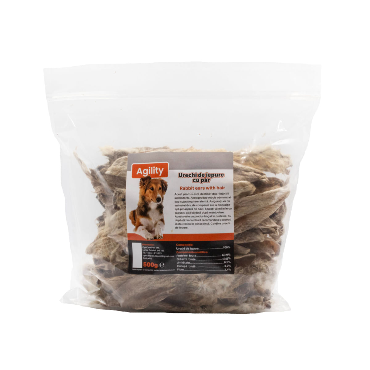 AGILITY Urechi de Iepure, XS-XL, punguță recompense naturale deshidratate câini, 500g - poza 2