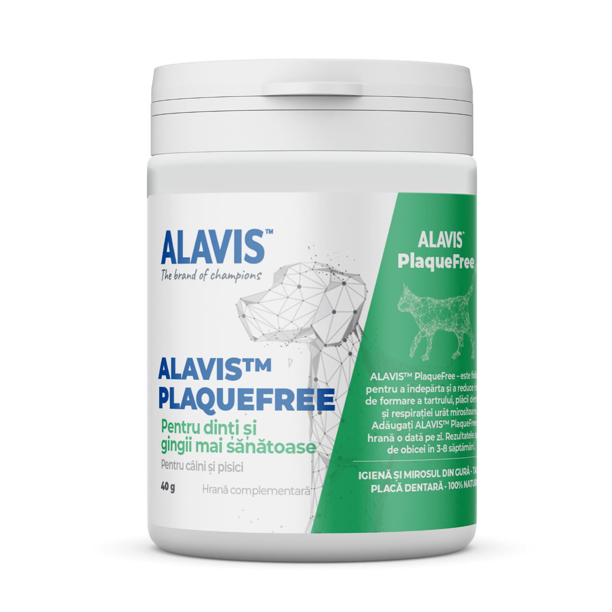 ALAVIS Plaquefree, XS-XL, igienă orală pudră câini și pisici, antibacterian, flacon, 40g - poza 1