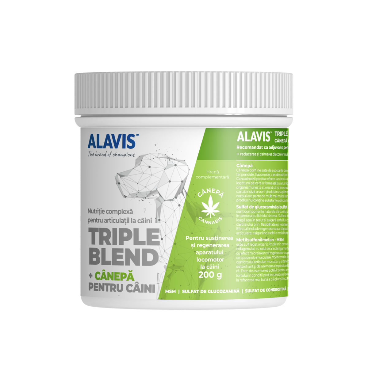 ALAVIS Triple Blend + CBD, supliment sistem articular, sistem nervos & calmante câini, pudră ALAVIS Triple Blend + CBD, XS-XL, supliment sistem articular, sistem nervos & calmante câini, flacon, 200g pudră - poza 2