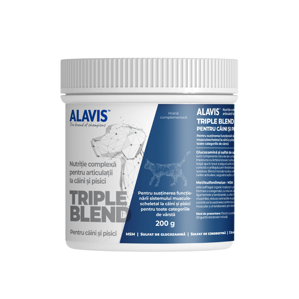 ALAVIS Triple Blend, supliment sistem articular câini, pudră ALAVIS Triple Blend, XS-XL, supliment sistem articular câini și pisici, flacon, 200g pudră - poza 1