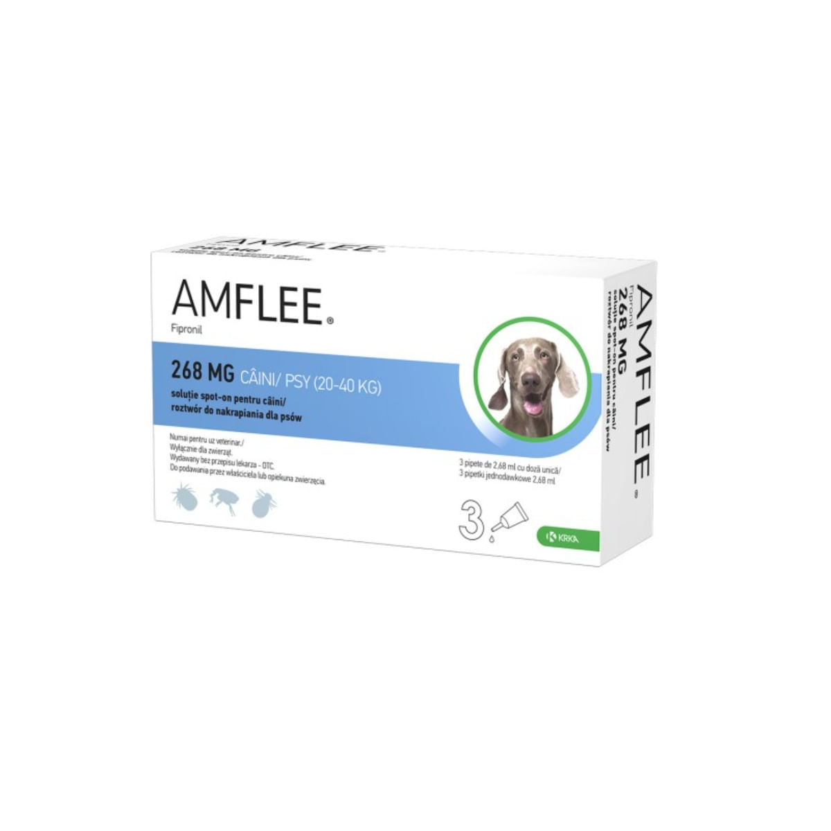 AMFLEE Dog, spot-on, soluție antiparazitară, câini, 3 pipete AMFLEE Dog, spot-on, soluție antiparazitară, câini 20-40 kg, 3 pipete - poza 1