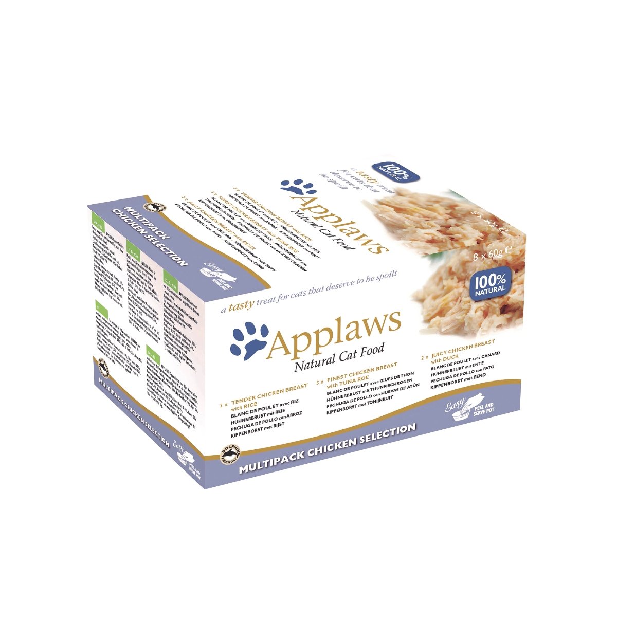 APPLAWS Chicken Selection Multipack, 3 arome (Pui și Orez, Pui și Icre de Ton, Pui și Rață), pachet mixt, bol hrană umedă pisici, 60g x 8 - poza 1