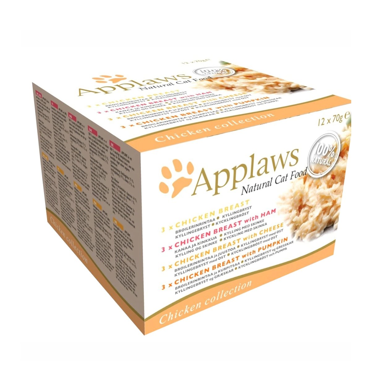 APPLAWS Chicken Selection Multipack, 4 arome ( Pui, Pui și Șuncă, Pui și Dovleac, Pui și Brânză), pachet mixt, conservă hrană umedă pisici, 70g x 12 - poza 1