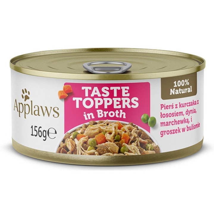 APPLAWS, Pui, Somon și Legume, conservă hrană umedă câini, în supă, 156g 156g