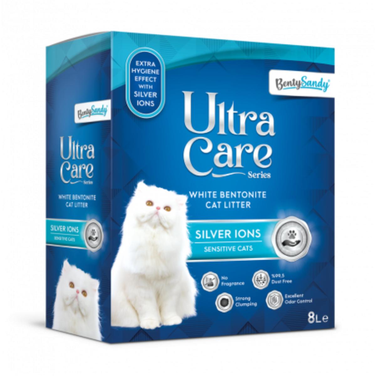BENTY SANDY Ultra Care Sensitive Silver Ions, neparfumat, așternut igienic pisici, granule, bentonită, aglomerant, neutralizare mirosuri, 8l - poza 2