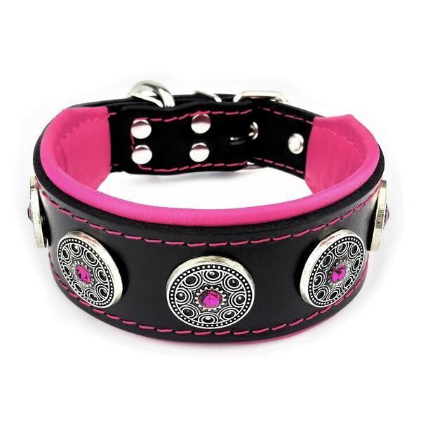 Bestia Zgarda Bijou Puppy, Piele Naturala, S, Negru/ Roz