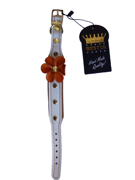 Bestia Zgarda Flower, Piele Naturala, M: 30-35 cm, Alb/ Maro/ Portocaliu