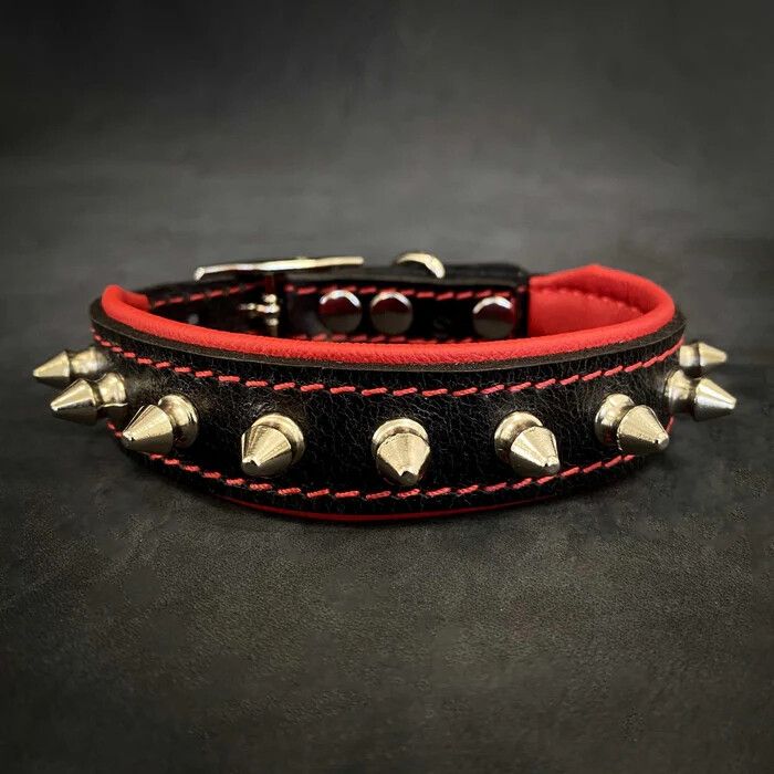 Bestia Zgarda Spiky, Piele Naturala, S: 25-30 cm, Rosu