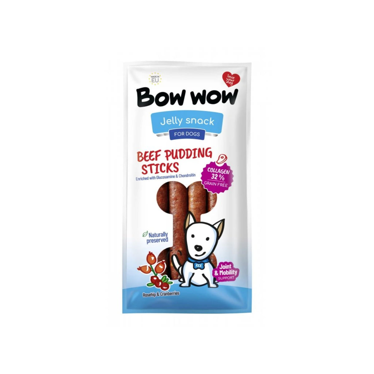 BOW WOW Jelly Snacks Pudding Sticks Colagen Macese XS-XL, Vită și Merișoare, punguță recompense câini, 165g - poza 2