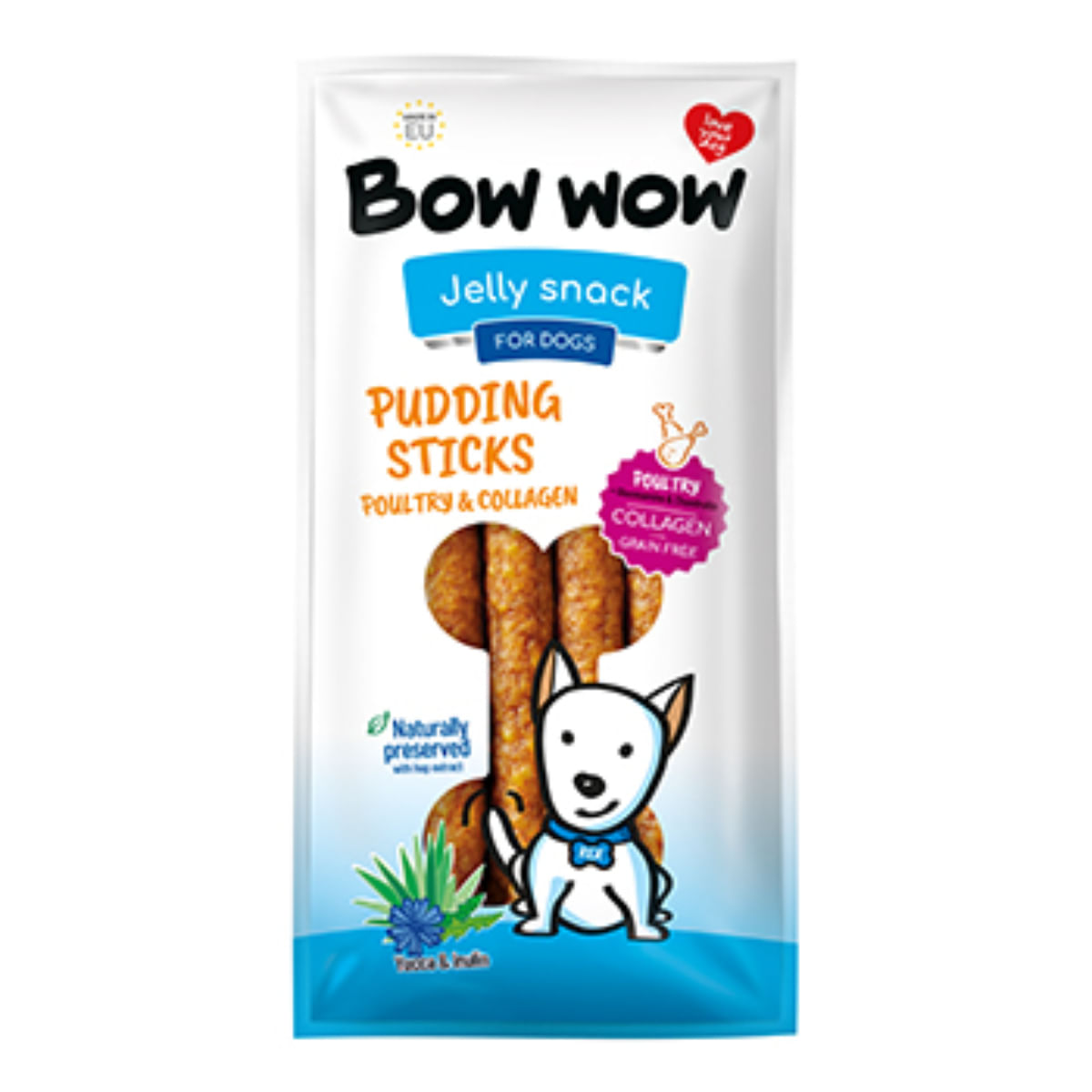 BOW WOW Jelly Snacks Pudding Sticks Colagen Yucca Inulina, XS-XL, Pui, punguță recompense câini, 165g - poza 2