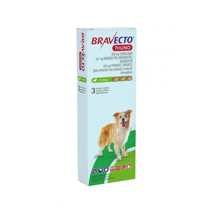 BRAVECTO TRIUNO antiparazitar intern si extern pentru caini 200mg (10-20 kg) - 3 tablete masticabile