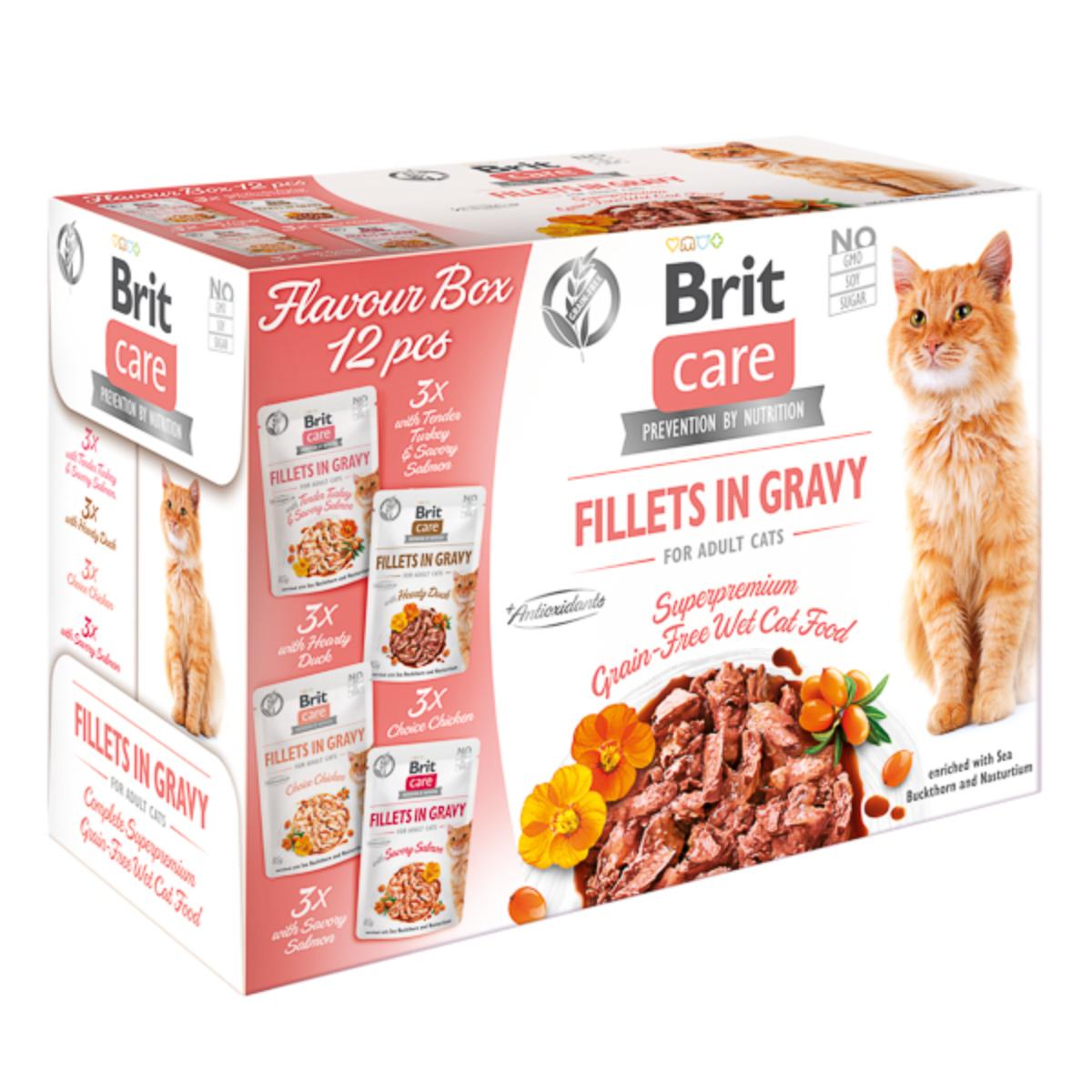 BRIT Care Flavour Box Fillet In Gravy, 4 arome, plic hrană umedă fără cereale pisici, (în sos), 85g x 12 - poza 2