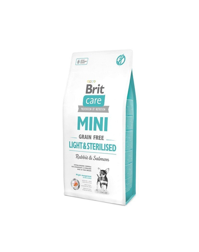 BRIT Care Grain Free Mini light & sterilised rabbit & salmon 7 kg hrana uscata caini adulti talie mica cu tendinta de ingrasare, somon si iepure
