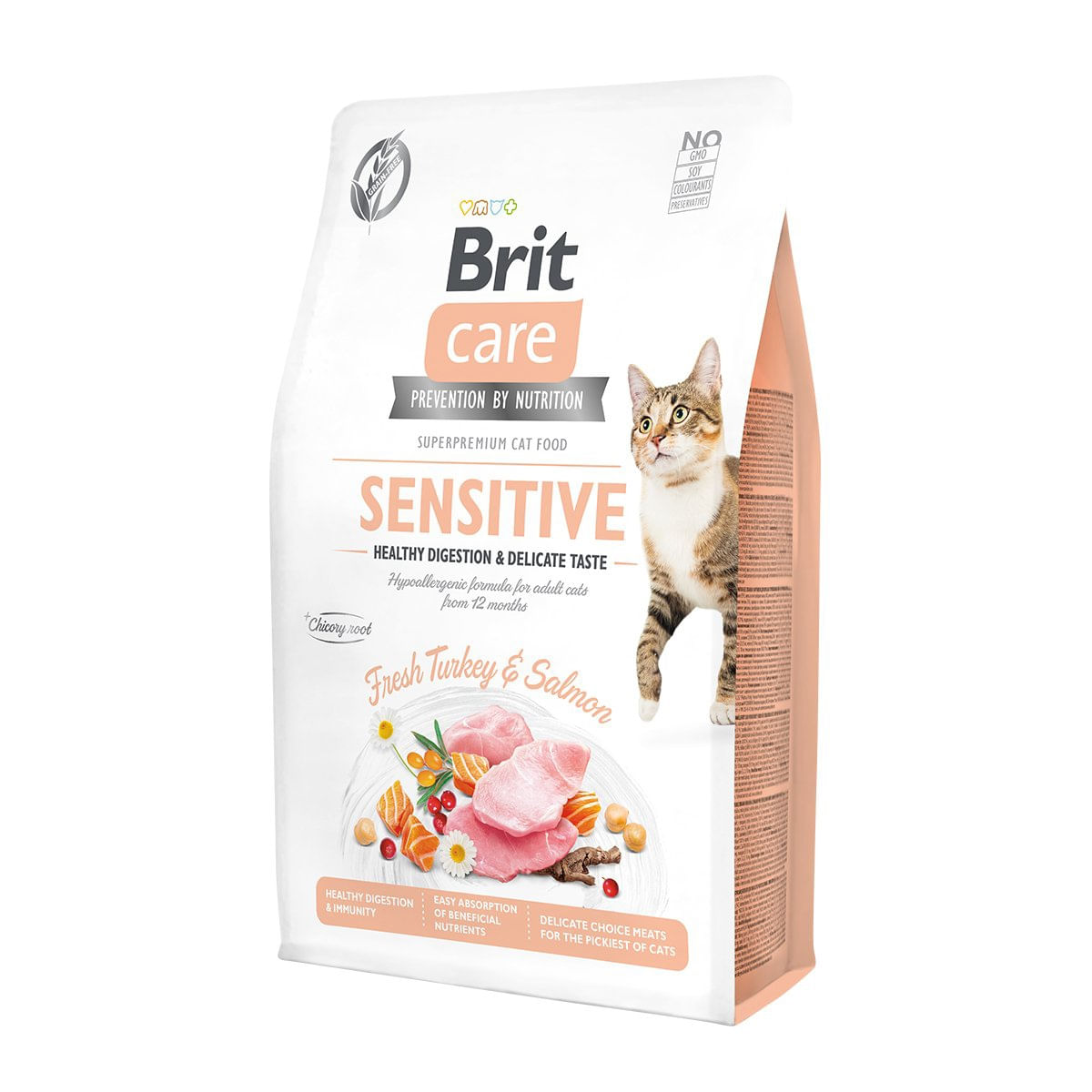 BRIT Care Sensitive Healthy Digestion & Delicate Taste, Curcan și Somon, hrană uscată fără cereale pisici, sensibilități digestive, 400g - poza 1