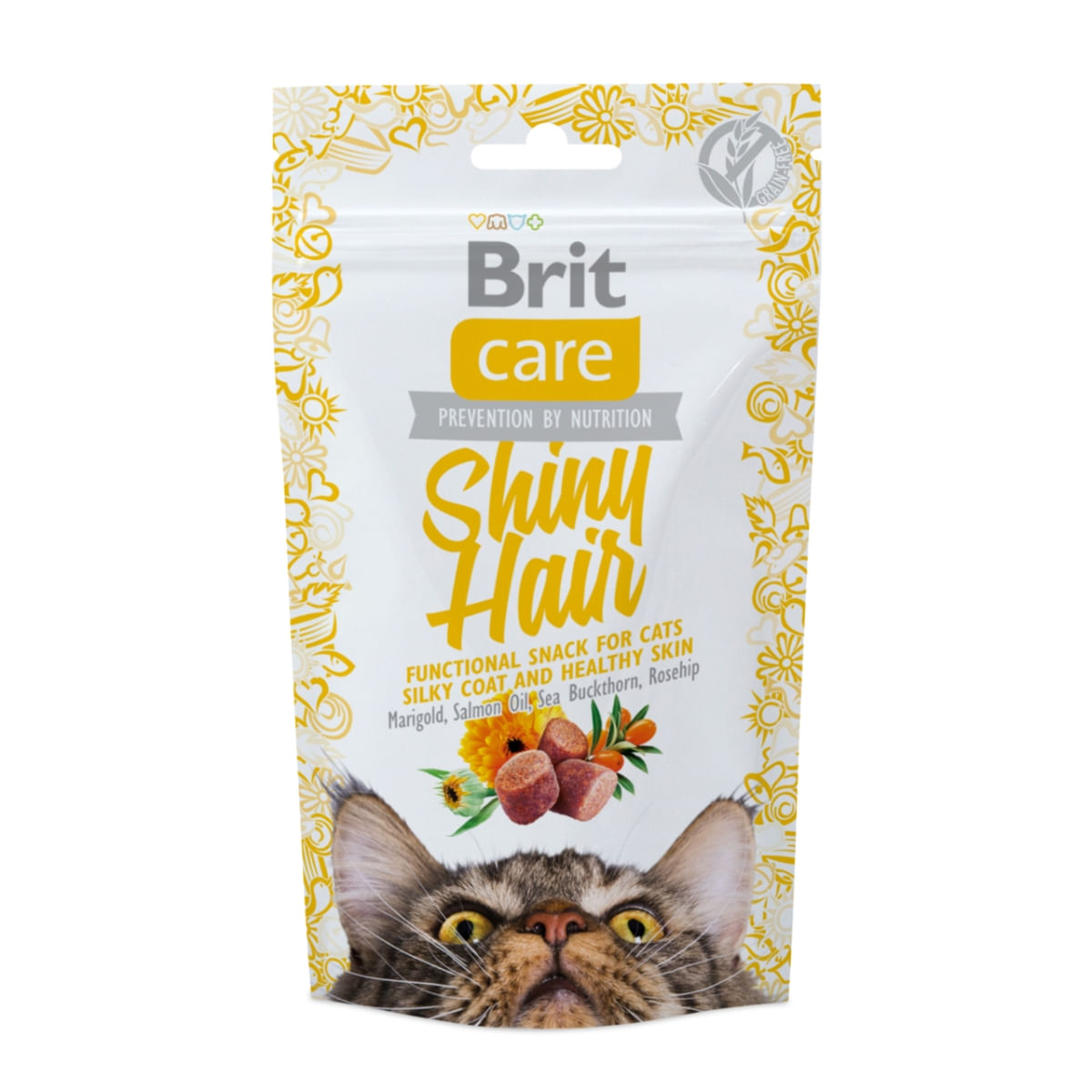 BRIT Care Snack Shiny Hair, Somon cu Gălbenele, recompense funcționale fără cereale pisici, piele și blană, 50g - poza 2