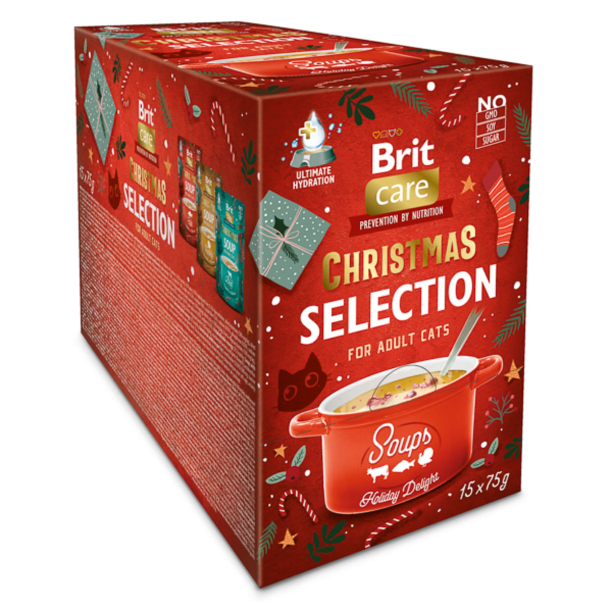 BRIT Christmas Selection Soups Holiday Delight, Pește, Vită și Curcan, plic hrană umedă fără cereale pisici, (topping), multipack, 75g x 15buc - poza 1