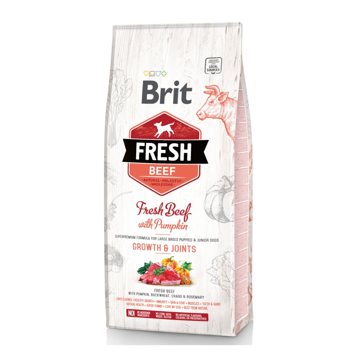 BRIT Fresh Bones & Joints Junior L-XL, Vită cu Dovleac, hrană uscată conținut redus cereale câini junior, 12kg - poza 1