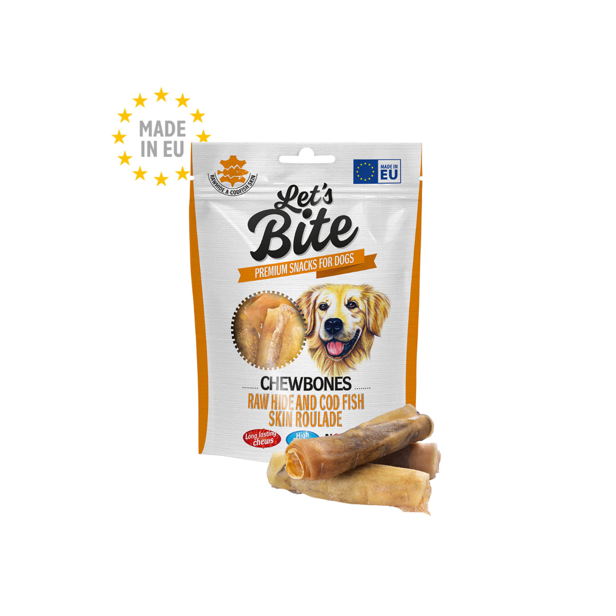BRIT Let's Bite Chewbones Raw hide and Cod Fish Skin Roulade, XS-XL, Cod, punguță recompense fără cereale câini, 135g - poza 2