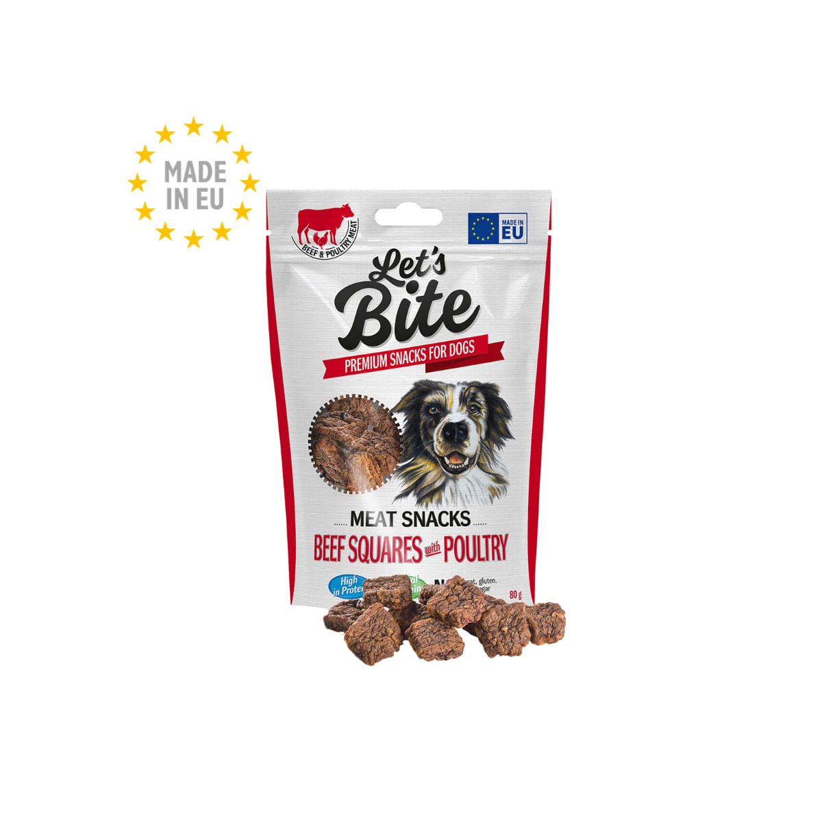 BRIT Let's Bite Meat Snacks Beef Squares with Poultry, XS-XL, Vită și Pui, punguță recompense fără cereale câini, 80g - poza 1