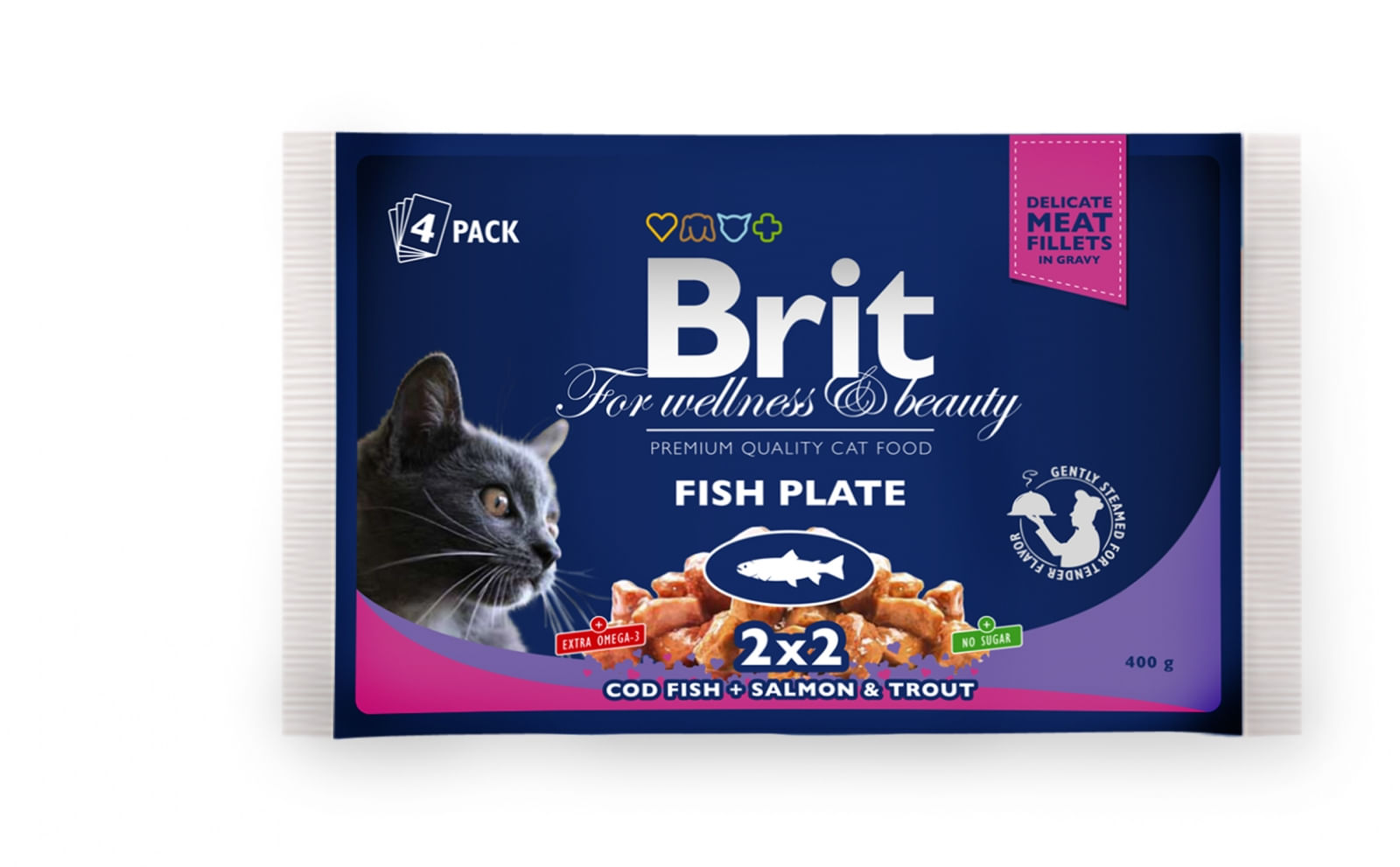 BRIT Premium Multipack Fish Plate, 2 arome, pachet mixt, plic hrană umedă pisici, (în sos), 100g x 4 - poza 1