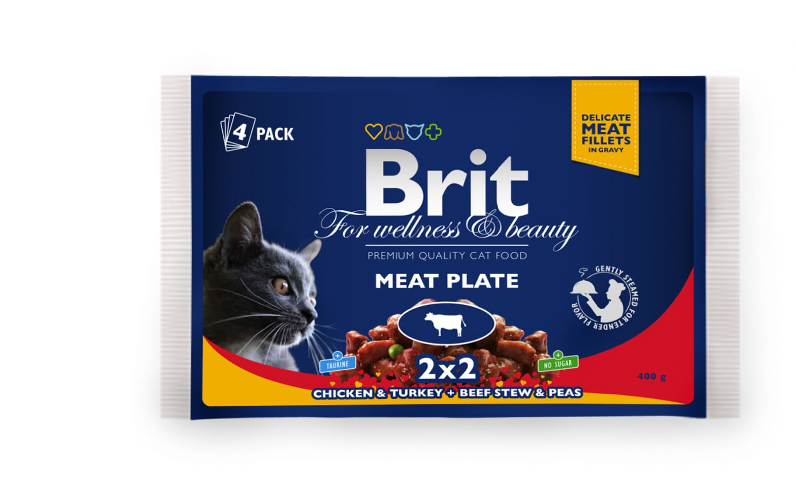 BRIT Premium Multipack Meat Plate, 2 arome, pachet mixt, plic hrană umedă pisici, (în sos), 100g x 4 - poza 2