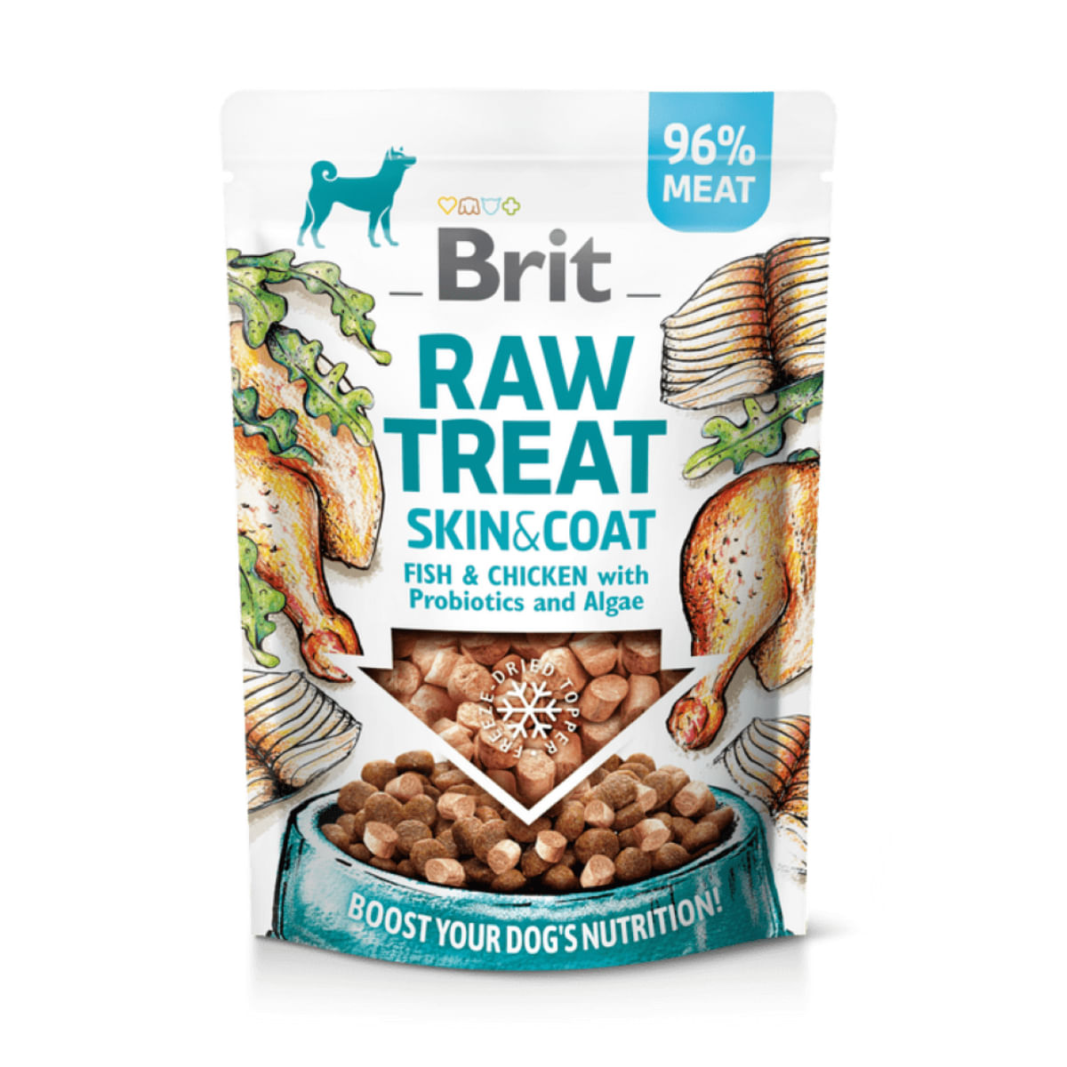 BRIT Raw Treat Skin & Coat XS-XL, Pește și Pui, punguță recompense funcționale câini, piele & blană, 40g - poza 1