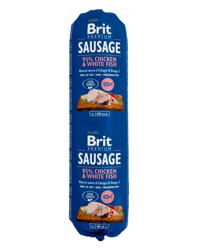 BRIT Sausage Chicken & White Fish 800 g hrana caini, pui si peste alb