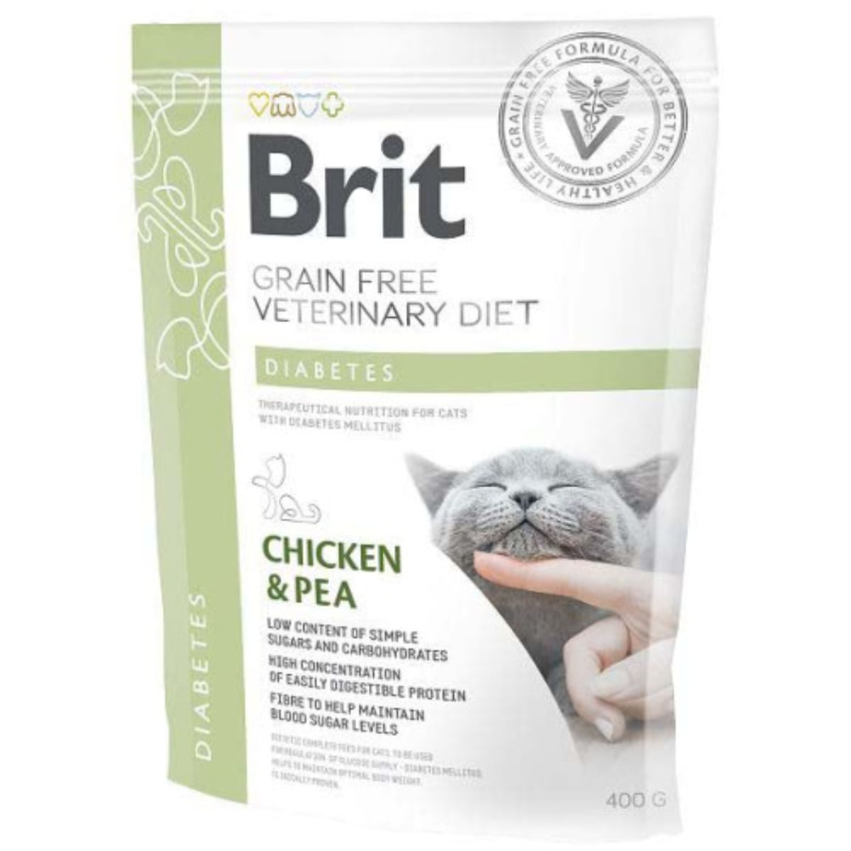 BRIT VD Diabetes, Pui, dietă veterinară, hrană uscată fără cereale pisici, diabet, 400g